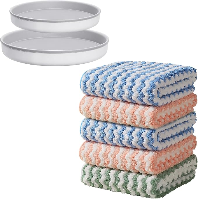 Microfiber Cleaning Cloth, 5 PCS Kitchen Towels(10" x 10"), Absorbent Streak Free Lint Cleaning Cloths, Reusable and Washable Dish Rags with 12" and 10" Lazy Susan Organizer
