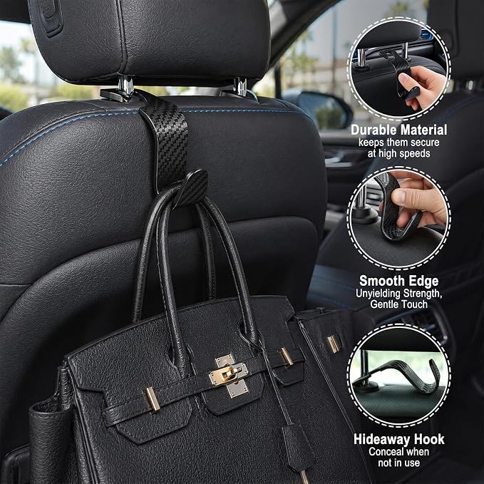 Car Seat Hooks for Headrest 4 Pack, Car Seat Back Storage Hook, Universal Vehicle Headrest Hanger for Purse, Handbag, Coat, Umbrella, Grocery Bags, Practical Interior Accessories