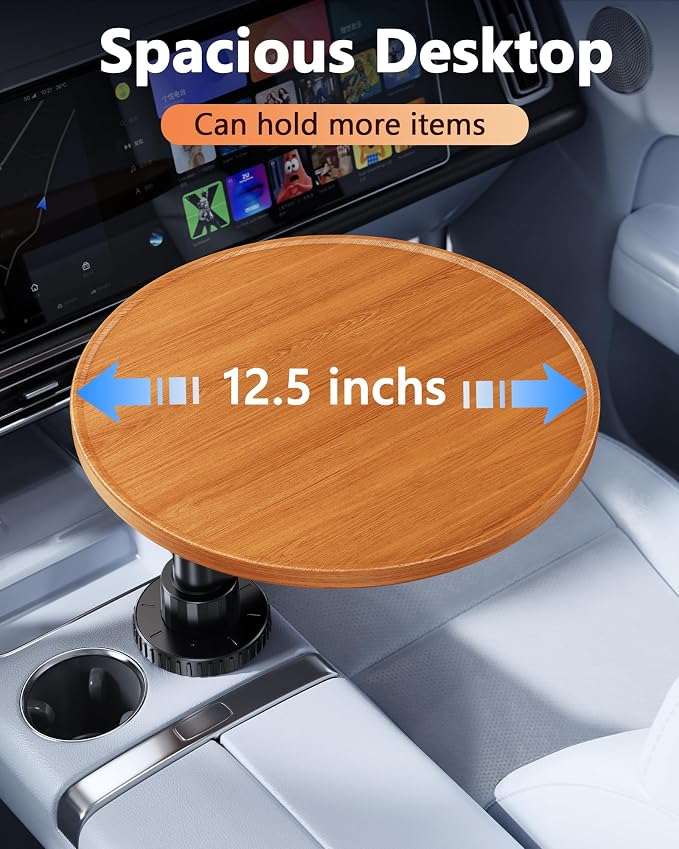 360° Rotating Wood Car Cup Holder Tray, Car Desk for Laptop, Car Food Tray Table for Eating Lunch, Cup Holder Expander, Long Road Trip Essentials Travel Patrol Accessories for Semi Truck Rv