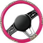 Steering Wheel Cover - Made with PVC Leather and Leopard Fabric - Universal 14 1/2 inches to 15 inches for Most Automotive Steering Wheel - Cheetah Print -Hot Pink