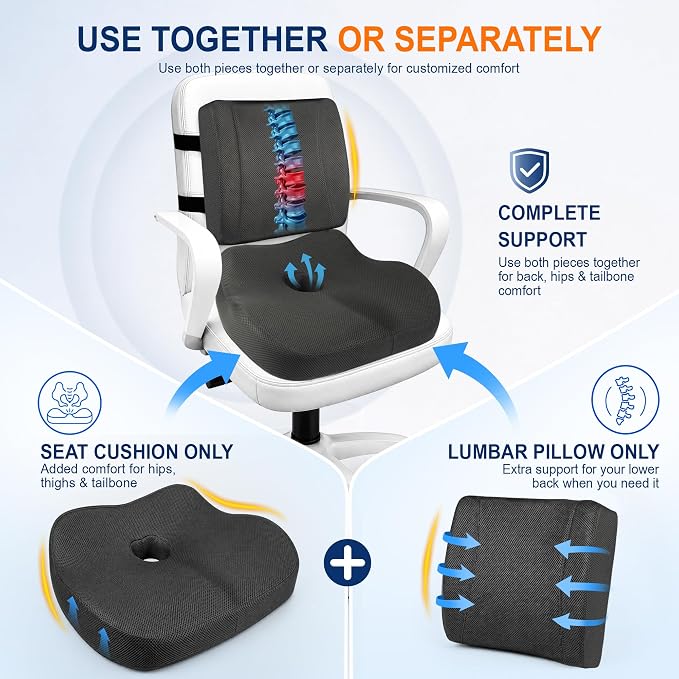 Car Seat Cushion and Lumbar Back Support Pillow Set for Driving | Memory Foam Car Seat Cushions, Back Support for Car, Car Cushion for Height, Pressure Relief for Trucks, Office Chairs, Black