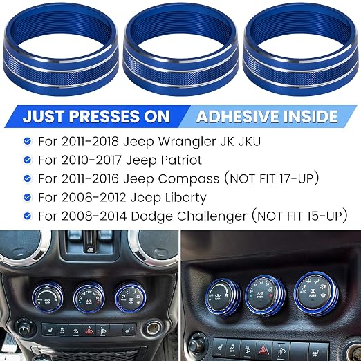 Audio Air Conditioning Button Cover Decoration Twist Switch Ring Trim for Jeep Wrangler JK JKU Patriot 2011-2018, Compass 11-16, Liberty 08-12, Dodge Challenger 08-14 Interior Accessories (Blue)