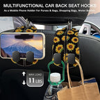 2PCS Car Seat Back Storage Headrest Hooks, Sunflower Purse Holder Bags Hanger, PU Leather Double Metal Hook for Backseat Organizer, Women Car Accessories Organization
