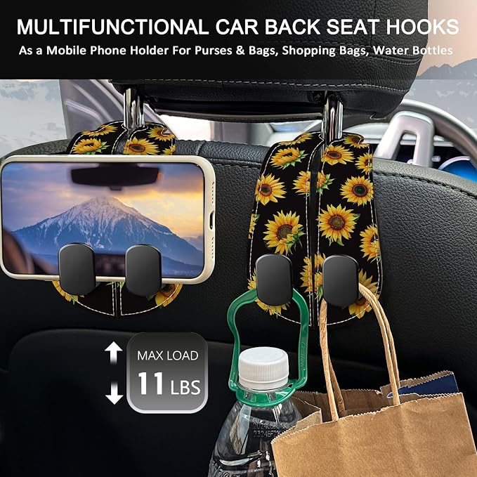2PCS Car Seat Back Storage Headrest Hooks, Sunflower Purse Holder Bags Hanger, PU Leather Double Metal Hook for Backseat Organizer, Women Car Accessories Organization