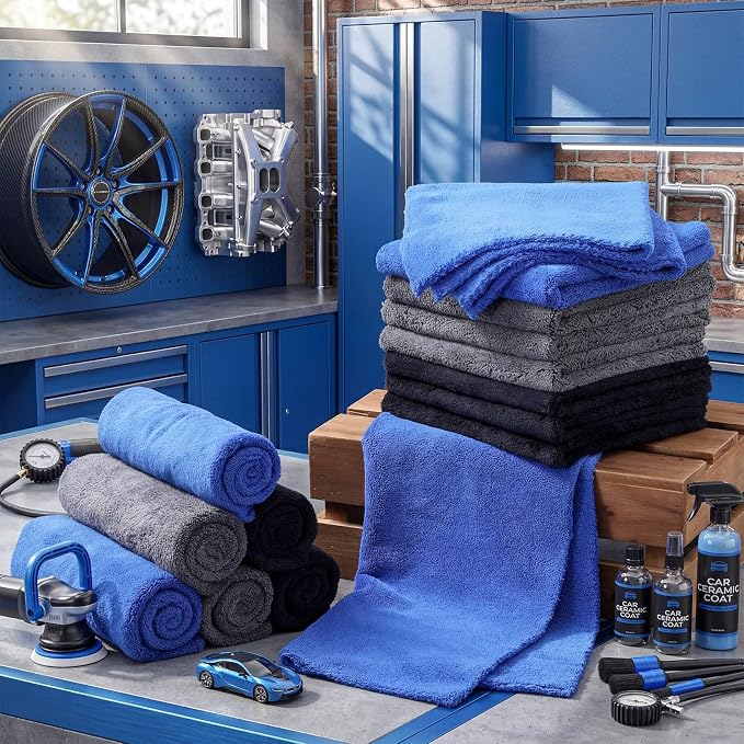 20 Pcs 16 x 16 Inch Edgeless Microfiber Plush Towels for Cars Detailing Drying Wash Polishing Absorbent Cleaning Cloths, 500 GSM (Blue, Black, Gray)