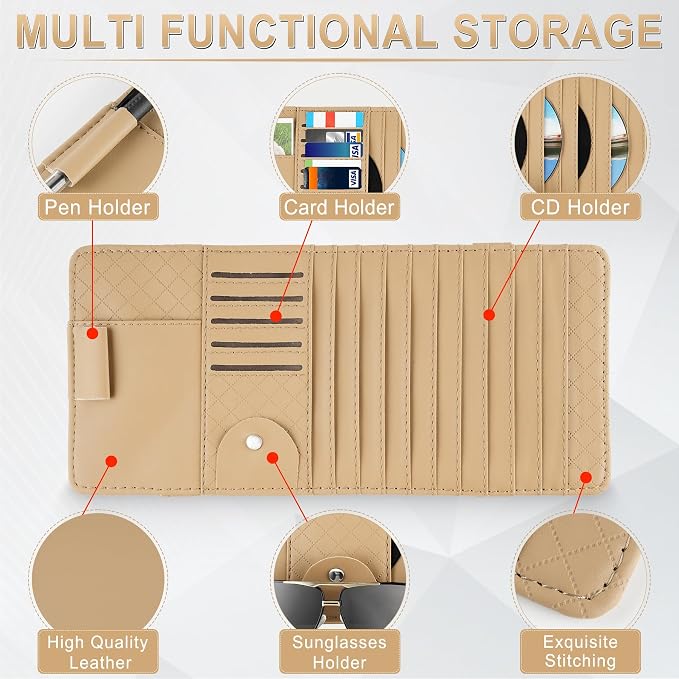 Sun Visor CD Case Holder for Car - Multi-Function Visor Organizer with CD/DVD Storage, Eyeglass Clip, Card Slots & Pen Holder, Durable Leather Car Accessories (Beige)