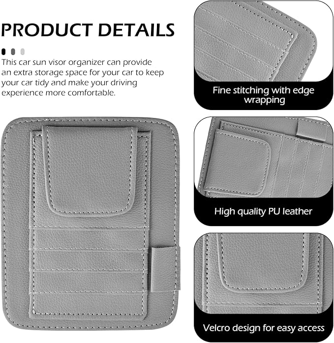 1 PC Car Sun Visor Organizer, Sunglass Holder & Document Storage Pocket Organizer, Car Visor Accessories with Insurance and Registration Card, Universal for Cars, Trucks, SUVs (Gray)