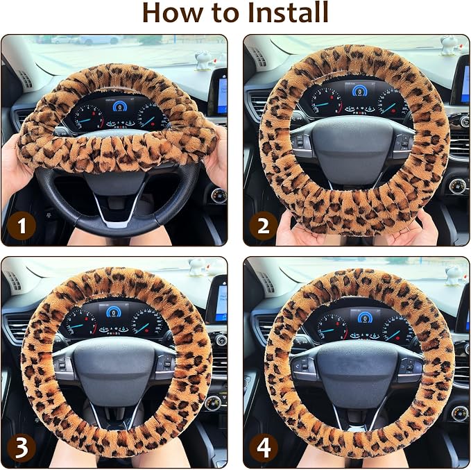Fuzzy Car Steering Wheel Cover, Universal Fit Fur Auto Wheel Cover & Handbrake Cover & Gear Shift Cover Set, Anti-Slip Leopard Warm Fluffy Vehicle Wheel Protector Car Accessories for Men Women