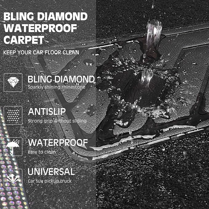 Bling Diamond Leather Steering Wheel Cover 14.5in-15in Floor Mats Shining Rhinestone Carpet Sparkly Glitter Crystal Anti-Slip Pad Fit Automotive SUV Pickup Truck Girl Women, 5pcs Multicolor