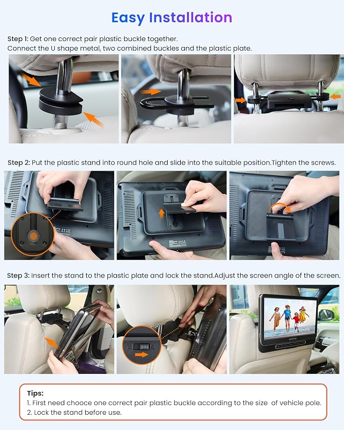 Car DVD Player, 12" Headrest DVD Player with Mount Bracket, Supports 1080P/MP4 Video, HDMI Input/Output, AV Out, AC Adapter, Car Charger, USB Card Reader, Last Memory, All Regions
