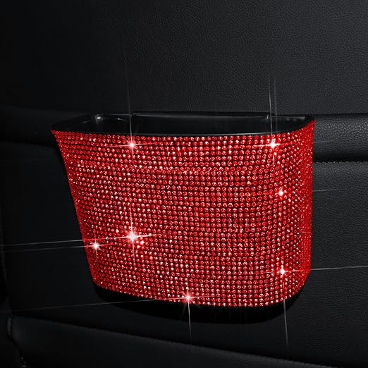Car Trash Can, Hanging Trash Bin, Leakproof Garbage Organizer, Bling Vehicle Waste Basket, Mini Dustbin Container with Clip for Car, Office, Kitchen, Bedroom, Home and More, Red, Small