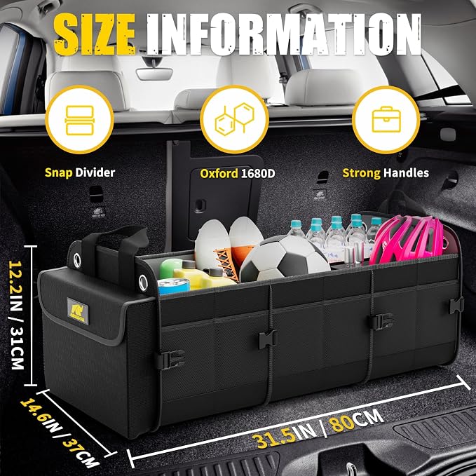 Car Trunk Organizer for SUV, 100L, Premium Material, Black | Collapsible Heavy Duty Large Car Organizer, Sturdy Trunk Storage for Car with Adjustable Straps and Non Slip Bottom