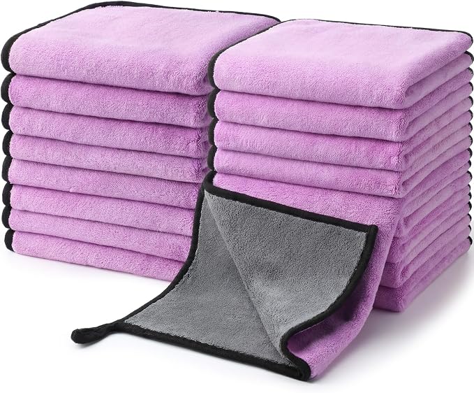 20 Pcs Microfiber Car Drying Towels Microfiber Cleaning Cloth 800 GSM Thick Plush Cleaning Dusting Cloth Auto Detailing Absorbent Towels Rags for Car Household Kitchen Window(Grey and Purple)