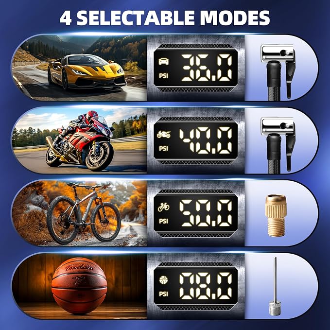 Rechargeable Tire Inflator Portable Air Compressor for Car Tires, 150PSI Battery Powered Cordless Air Pump with Digital Pressure Gauge & Auto Shutoff for Bike Motorcycle E-Bike Ball