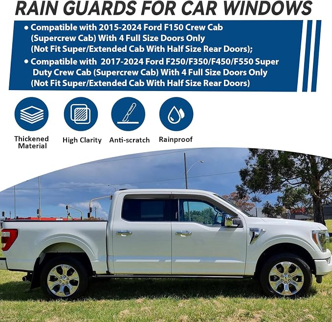 4pcs Front+Rear Smoke Tint Sun/Rain Guard Outside Mount Tape-On Vent Window Visors Compatible with 15-24 F150 17-24 F250/F350/F450/F550 Super Duty Crew (Supercrew) Cab with 4 Full Size Doors