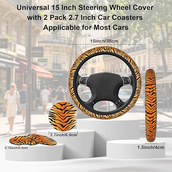 Tiger Stripes Steering Wheel Cover with 2 PCS Cup Coasters for Car,Animal Skin 15 Inch Non-Slip Neoprene Steering Wheel Covers,Breathable Car Accessories Fit for Men Women