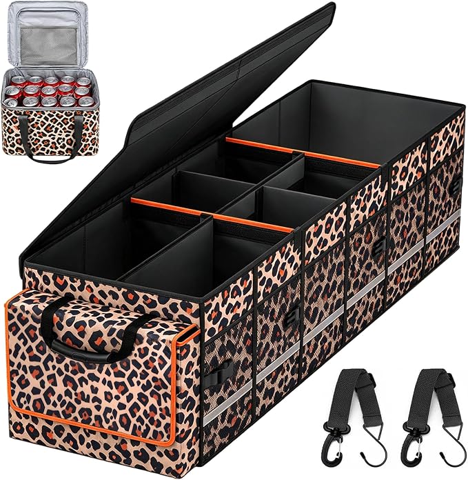 Car Trunk Organizer and Storage with Lid & Removable Cooler Bag, Car Accessories 6 Removable Dividers for Custom Space, Collapsible Trunk Organizers Interior for SUV & Sedan, Large