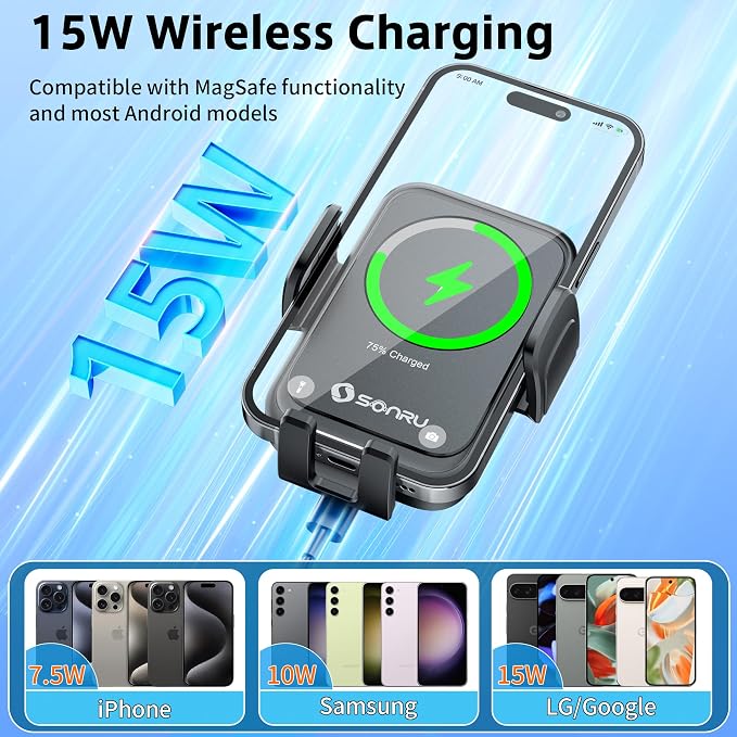 Car Phone Holder Wireless Charger, Qi 15W Wireless Car Charger Fast Charging Auto Clamping Car Charger Mount Suction Holder Dashboard Air Vent for iPhone 16/15/14/13/12/11, Samsung S25/24