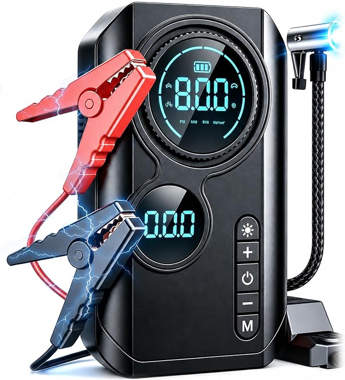 8000A Jump Starter with Air Compressor, Portable Tire Inflator, German-Tech Fast-Charging Power Bank Car Battery Booster for Car Owners Camping, Road Trips, Family Safety & Gift Giving (A3)
