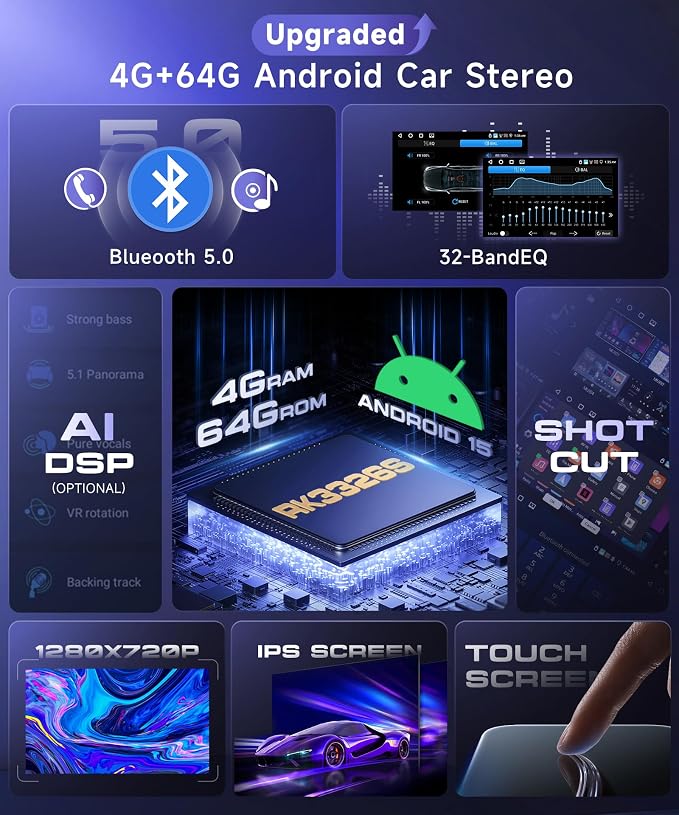 4G+64G Car Radio Stereo for Honda Odyssey 2005-2010 10.1inch IPS Touch Screen/Android 15/Wireless CarPlay/Android Auto/DSP 32 EQ/GPS Navigation/WiFi/5.0Bluetooth/FM/RDS/SWC/AHD Backup Camera