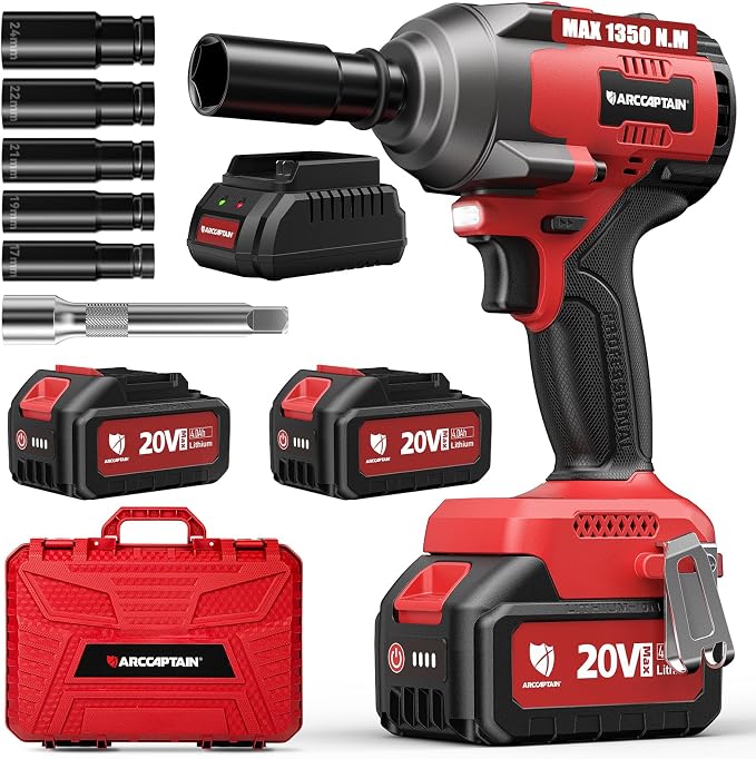 Cordless Impact Wrench 996Ft-lbs(1350N.m), 1/2 Inch High Torque Impact Gun, 20V 2x4.0Ah Batteries & Fast Charger, 3 Variable Speeds, LED Light, High-Rate Impact Driver for Truck/Car/Pickup