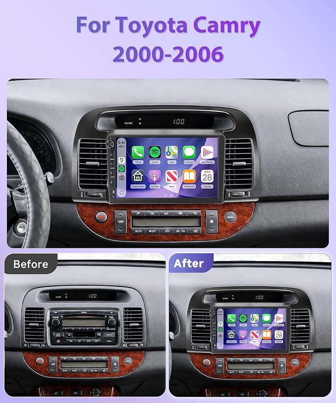 4G+64G Android 15 Car Stereo for Toyota Camry 2000-2006, 9 Inch Incell Touchscreen with Physical Buttons, Wireless CarPlay Android Auto GPS WiFi Bluetooth FM RDS EQ SWC Type-C Backup Camera