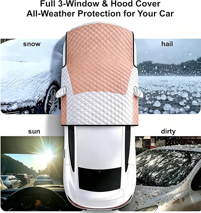 Padded Windshield Sun Shade Hood Cover Universal Fit Sedan SUV | Waterproof Windshield, Driver Side Window and Engine Hood Shield, All Weather Vehicle Guard Against UV Rays, Snow, Ice, Hail