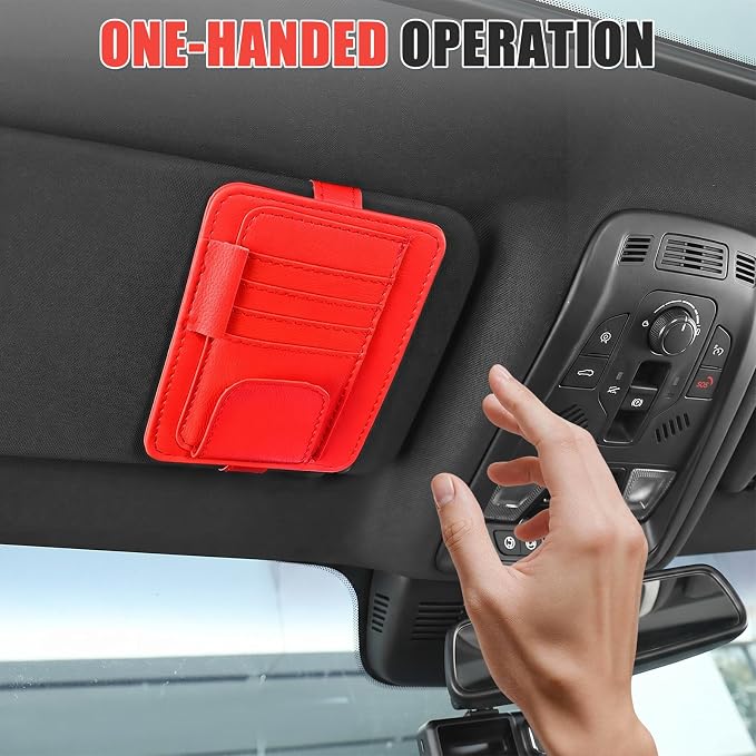 Sunglass Holder for Car Visor, Multi-Pocket Leather Car Sun Visor Organizer with Ticket Pens Card Clip, Sunglasses Holders,Suitable Eyeglasses,Car Accessories Keep Tidy (Red)