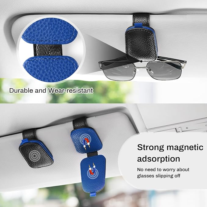 Sunglasses Holder for Car, Leather Magnetic Buckle Sun Visor Sunglass Clip, Ticket Card Storage Glasses Clip, Car Interior Accessories for Men and Women（Black-Blue）