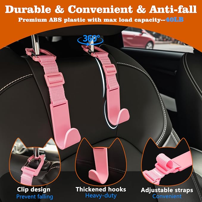 Car Headrest Hooks 4 Pack Adjustable Universal Fit Auto Seat Back Organizer Storage Hanger Purse Bags Holder with Clip Pink