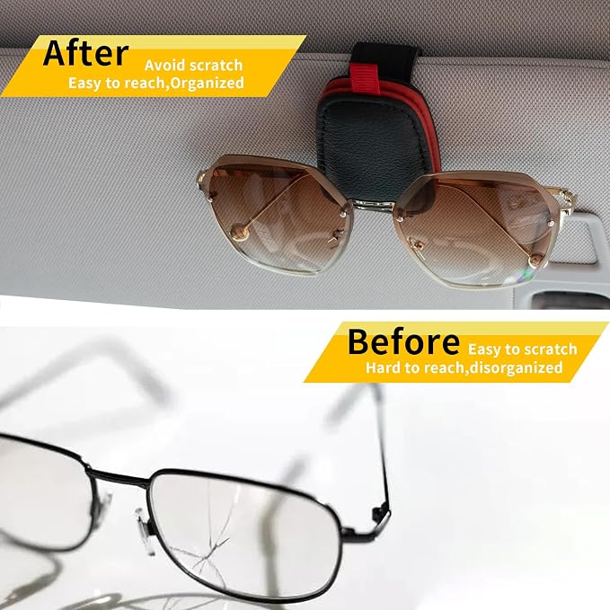 Magnetic Leather Sunglasses Holder for Car, 2 Packs (Black-red) | Magnetic Car Visor Accessories