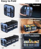 Trunk Organizer - 3-Compartment Car Organizer and Storage with Cooler Bag, Foldable Car Storage Organizer for SUV with Handles & Strap for Shopping, Picnic, 33.1" x 13.0" x 11.8", Blue