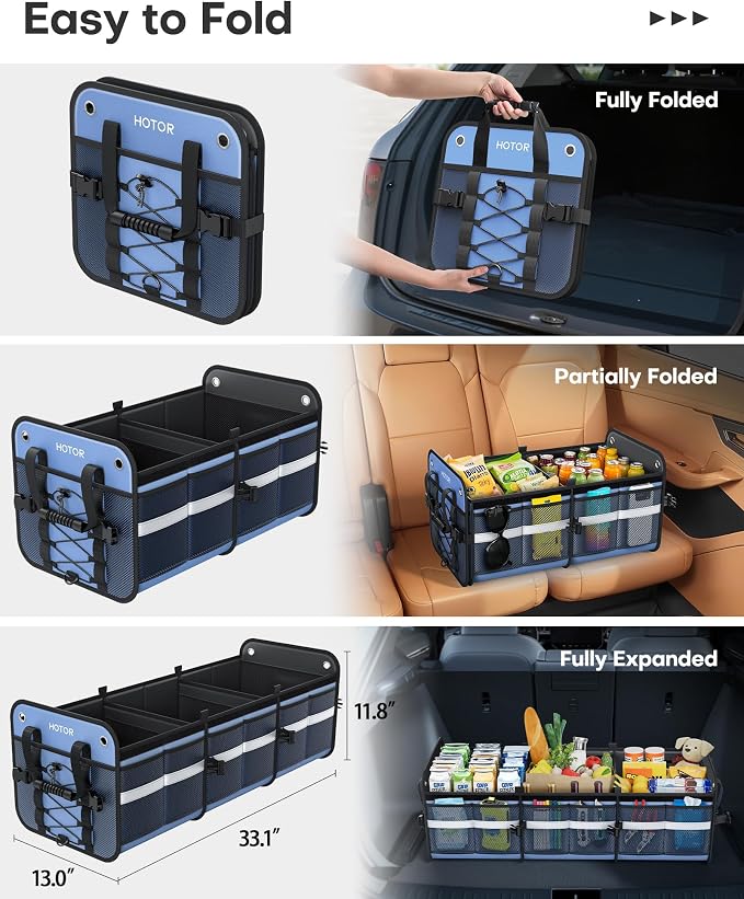 Trunk Organizer - 3-Compartment Car Organizer and Storage with Cooler Bag, Foldable Car Storage Organizer for SUV with Handles & Strap for Shopping, Picnic, 33.1" x 13.0" x 11.8", Blue