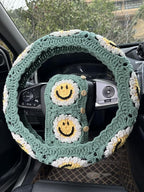 Handmade Crochet Sun Smiling face Car Steering Wheel Covers Universal 14-15 inch,Cute Steering Wheel Cover,Car Accessories (Sun Wheel Cover+2 Belt Cover)