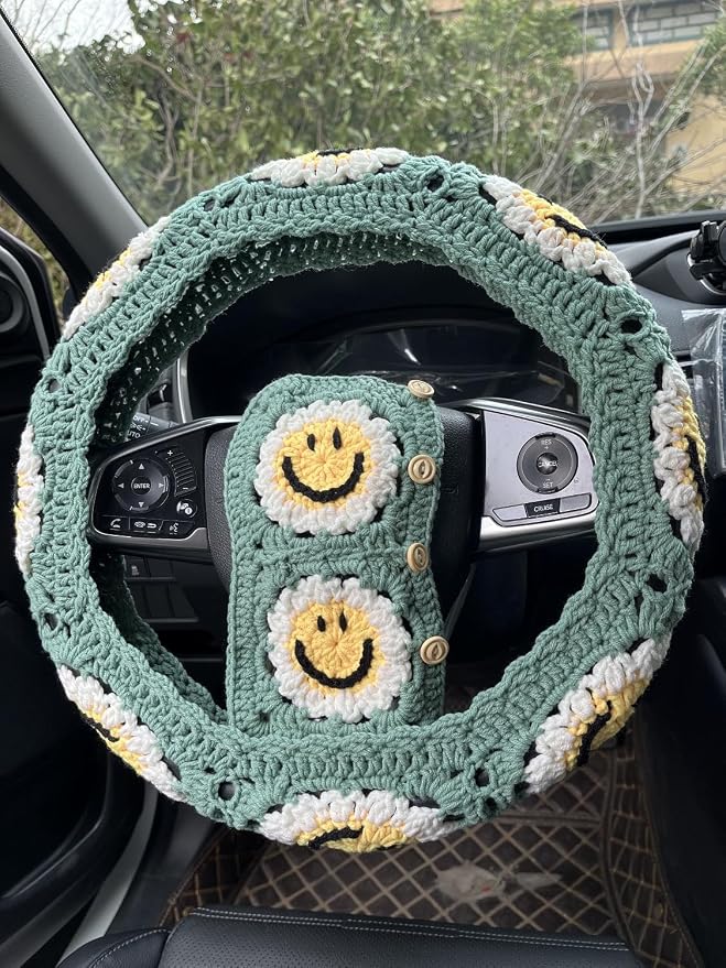 Handmade Crochet Sun Smiling face Car Steering Wheel Covers Universal 14-15 inch,Cute Steering Wheel Cover,Car Accessories (Sun Wheel Cover+2 Belt Cover)