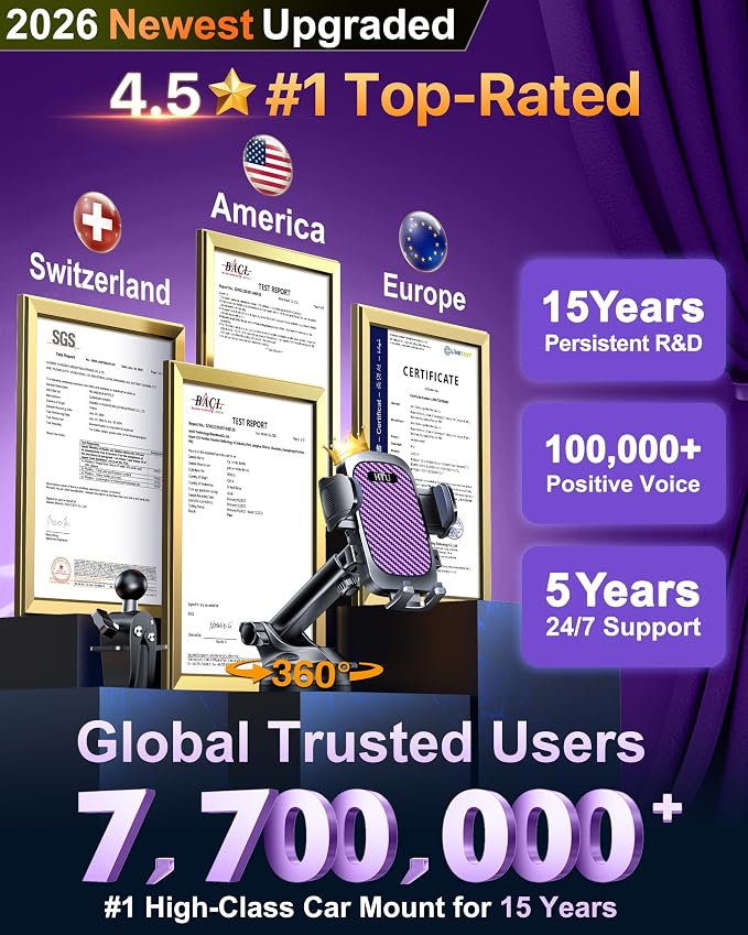 HTU 2026 Ultimate Best【True Military-Grade & Safety Cert】Car Phone Holder【Upgraded 360 Rotation & 100+LBS Strongest Suction】5-in-1 Truck Windshield Dashboard Vent Mount Stand for iPhone Android,Purple