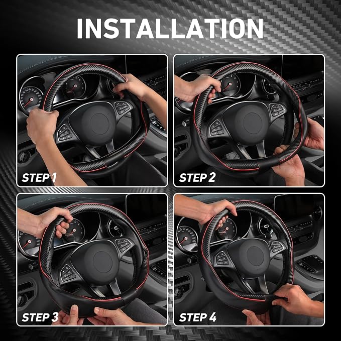 Car Steering Wheel Cover Universal Standard Size 14 1/2"-15" Leather with Carbon Fiber Pattern Black and Red