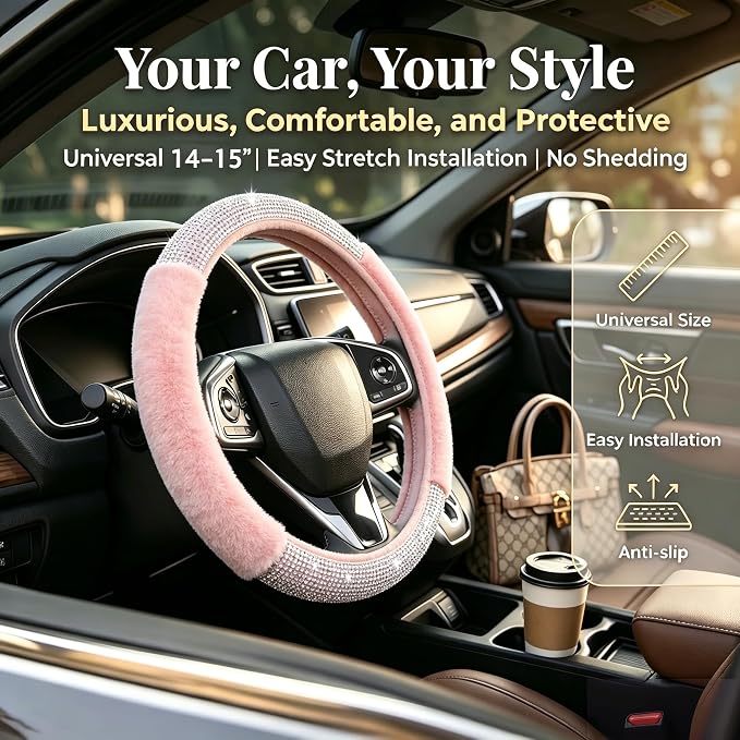 Bling Steering Wheel Cover Pink Fluffy Rhinestone for Women Girls | White Diamond Elastic Car Steering Wheel Accessories Sparkling Fur Steering Wheel Protector Warm Universal Fit 14-15 inch