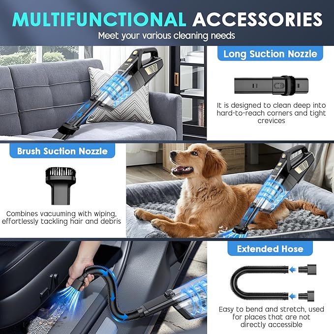 Handheld Vacuum Cordless, 15000PA Strong Suction Hand Held Car Vacuum Cleaner Portable with Multi-Nozzles & Washable Filter, Lightweight Rechargeable Vacuum Cleaner for Home, Car, Office, Pets