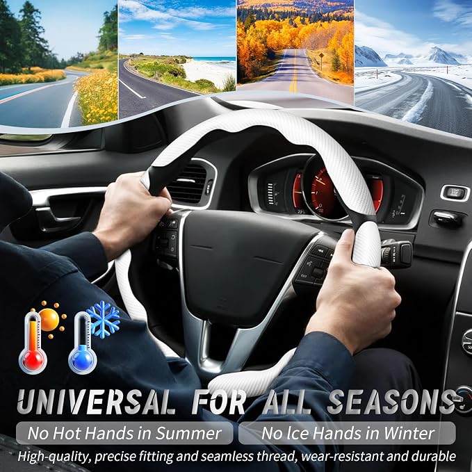 3pcs Car Steering Wheel Cover,Anti-Skid Carbon Fiber Steering Wheel Protector for Men Women,Multiple Color Options,Universal for Most Car Interiors Accessories (White 3PCS)