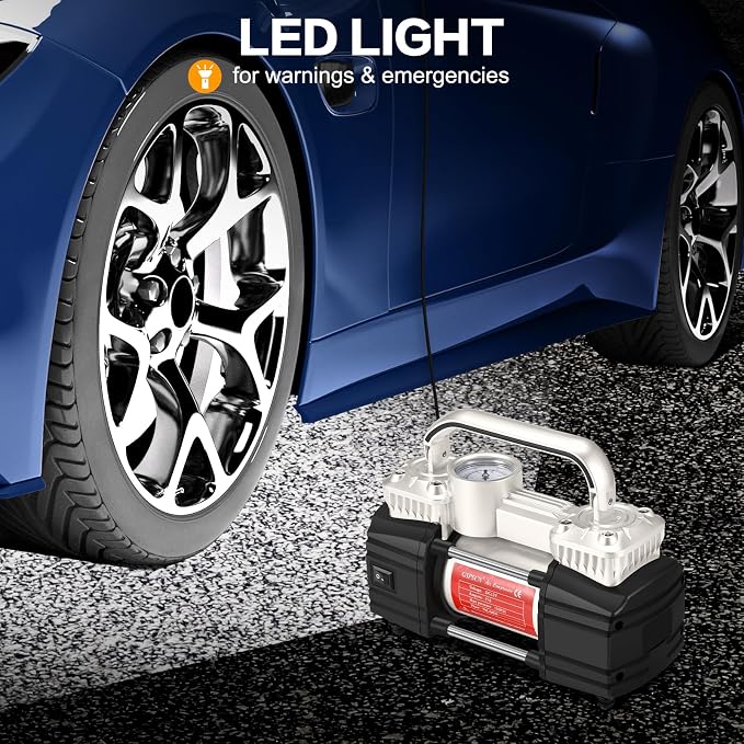 Heavy Duty Tire Inflator 12V Portable Air Compressor Pump 150PSI | 6X Faster Inflation Dual Cylinder Metal Air Pump with Led Light for Car, RV,Pickup Truck, SUV, Van,Camper, Air Bed,Balls
