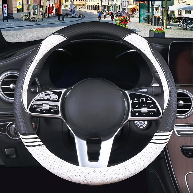 Cute Steering Wheel Cover for Women Men Leather Universal 15 inch,Black and White