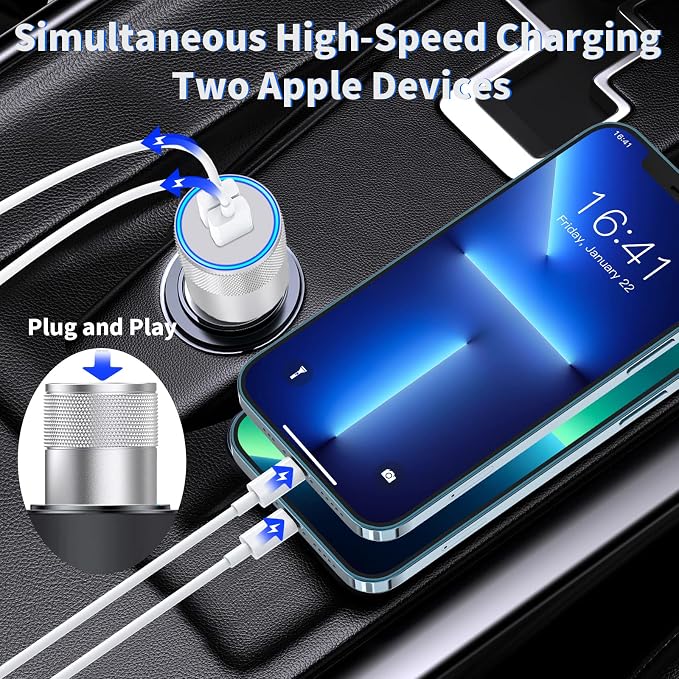 【MFi Certified】iPhone Car Charger Fast Charging, 4.8A Dual USB Smart Power Cigarette Lighter USB Car Charger with 2Pack Lightning Cable for iPhone 14 13 12 11 Pro XS Max XR SE X 8 iPad AirPods