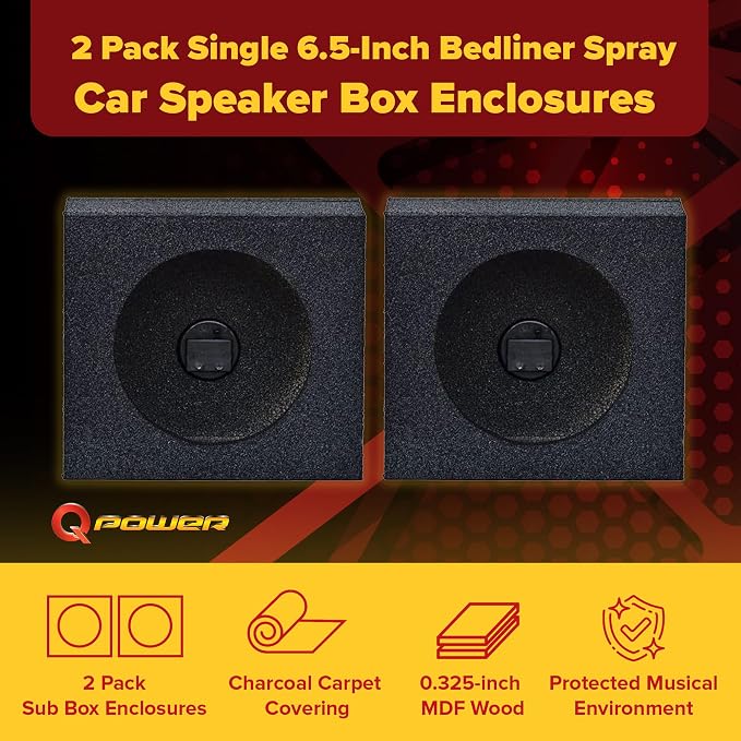 QBomb QBTW6.5 Single 6.50 Inch Heavy Duty MDF Material Car Audio Speaker Enclosure Boxes with Bedliner Spray Coating Finish, 2 Pack