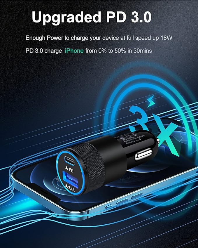 30W PD USB C Car Charger, USB Type C Fast Power Charging Block Dual Port USB A & USBC Plug Cargador Carro Lighter Adapter for iPhone, iPad, Samsung Galaxy, LG, Google Pixel, Moto, USB-C Port