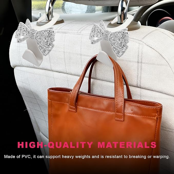 2PCS Bling Bow Car Seat Headrest Hooks, S-Type Crystal Auto Rear Seat Organizer for Handbags Purses Groceries, Cute Rhinestone Bow Seats Back Storage Hook for SUV Truck Sedan (White)