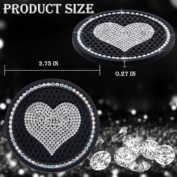 2PCS Sparkling Car Cup Holder Coaster – 2.75 Inch Silicone Insert – Non-Slip, Shockproof – Universal Auto Interior Accessories for Women Girls (Black & White)