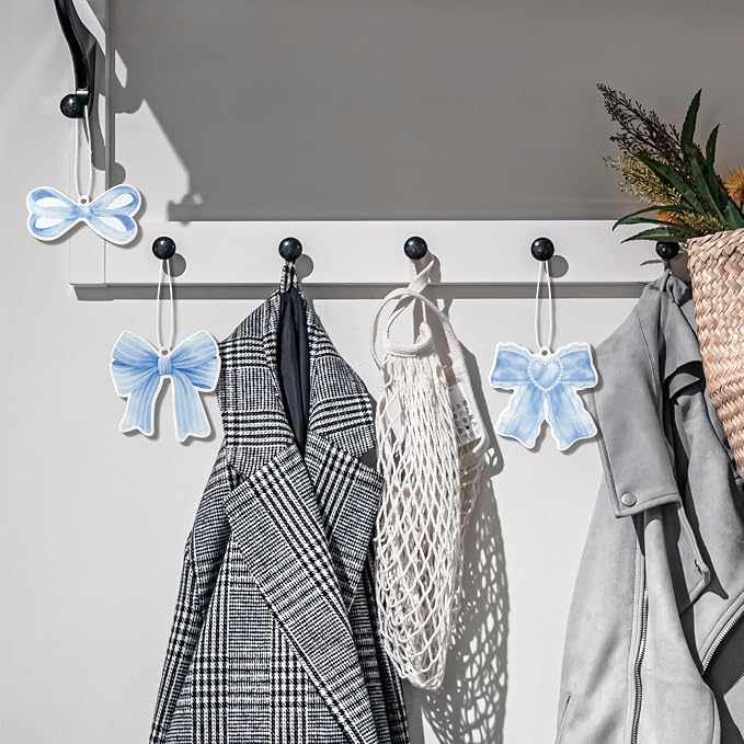 12Pcs Blue Coquette Bow Air Freshener Hanging, Light Blue Aesthetic Diffuser Ornaments Refresh Air Fragrant Pendant, Car Interior with Essential Oils Gift Set Long-Lasting for Car Accessories