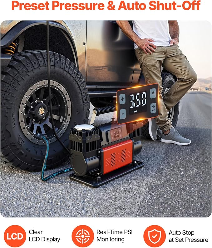 Dual-Cylinder Heavy Duty Air Compressor, 10.6CFM Auto-Stop Portable Tire Inflator, 12V 150PSI Offroad Air Pump with LCD Digital Display & Adapters for Truck Car SUV 4 x 4 Vehicle RV