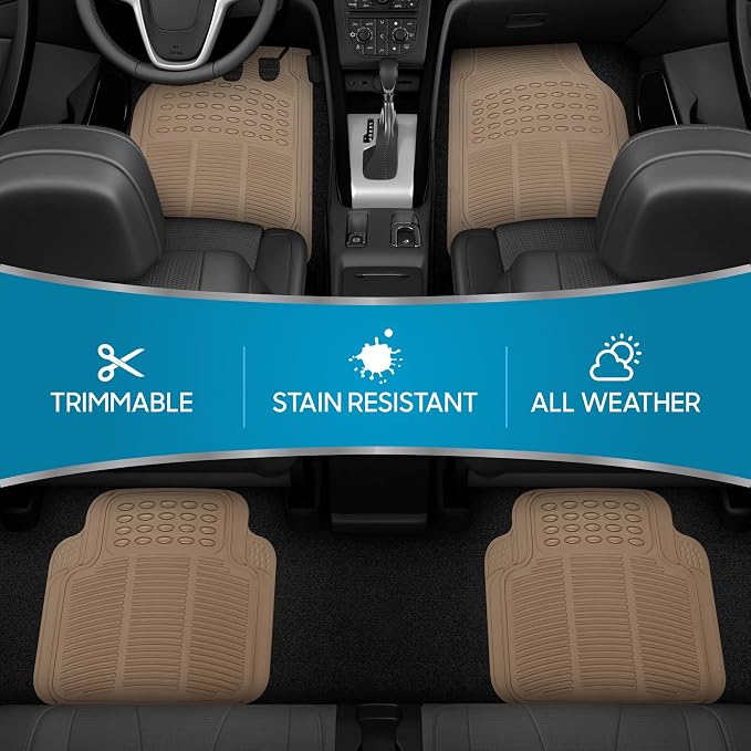 ProLiner Floor Mats for Cars Trucks SUV, 4-Piece All-Weather Car Mats with Universal Fit Design, Durable Car Floor Mat with Capture Ridges, Waterproof Rubber Floor Mat for Cars (Beige)